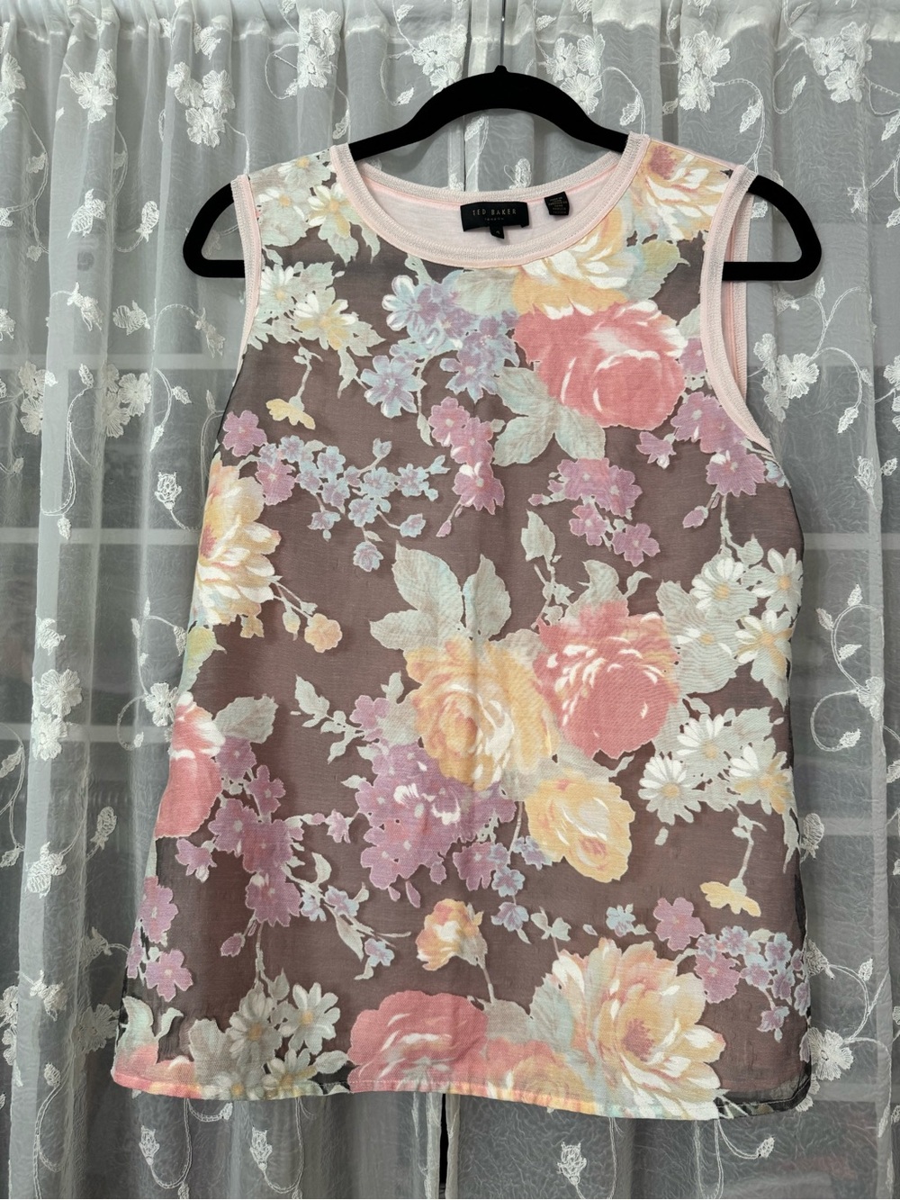 Ted Baker Floral Sleeveless Top with Pink and Yellow Floral Pattern. Size 4 (L/X